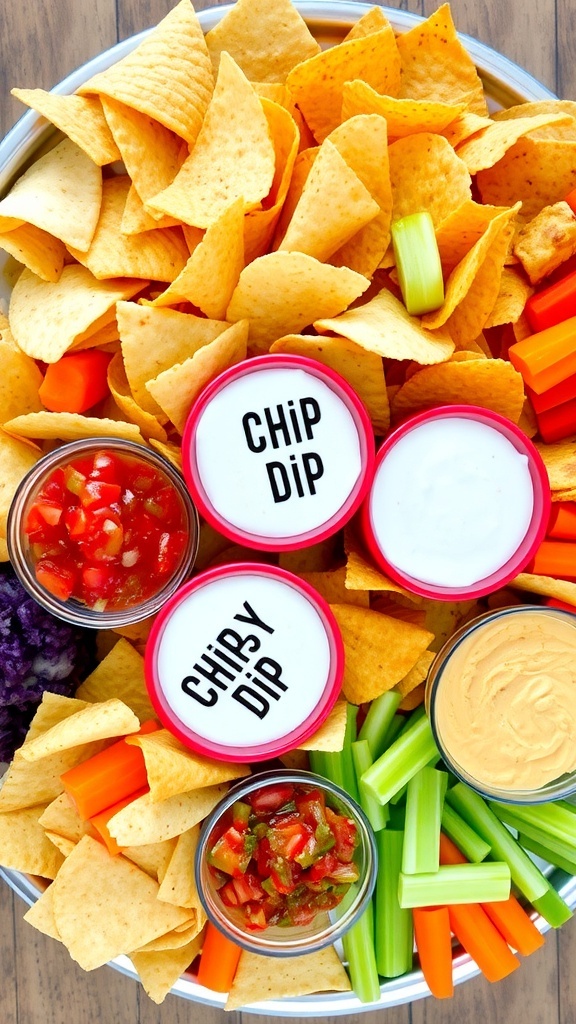 A colorful chips and dip display with various chips and dips arranged on a platter, surrounded by vegetable sticks.
